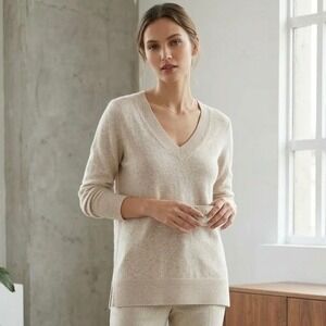 Halogen Womens Beige 100% Cashmere V-Neck Long Sleeve Pullover Sweater Size L